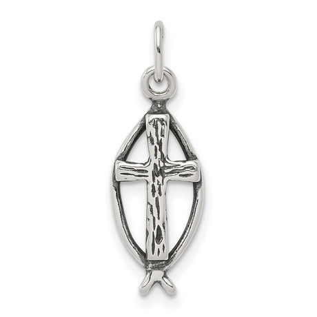 Antiqued Ichthus Fish Cross Charm Pendant in Real 925 Sterling Silver