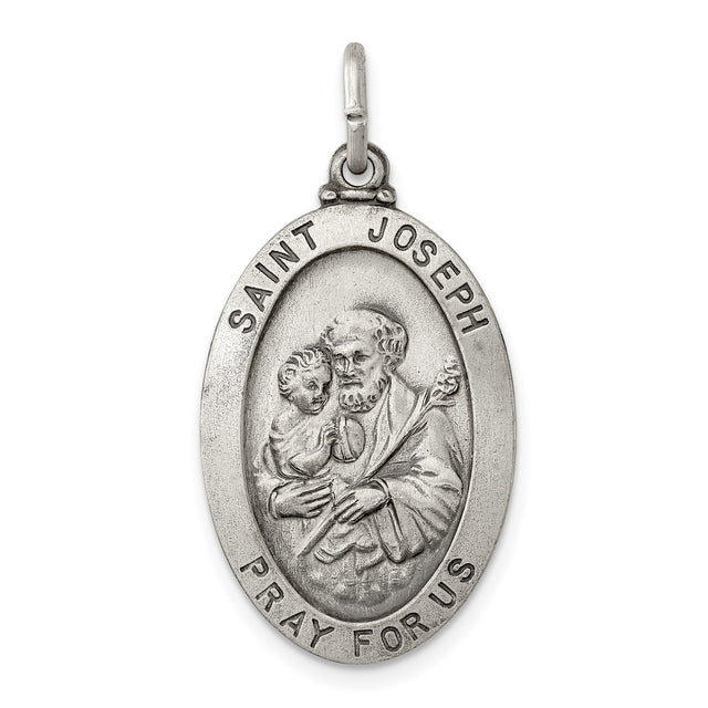 Sterling Silver Saint Joseph Medal Pendant with Raised Image Holding Christ and Lily