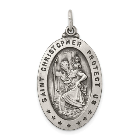 Oval Seven Star Saint Christopher Protect Us Charm Pendant in Real 925 Sterling Silver