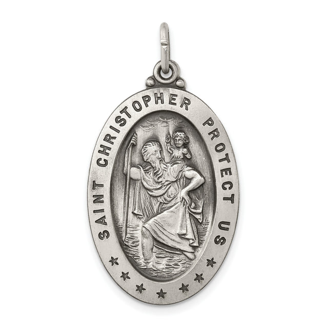 Oval Seven Star Saint Christopher Protect Us Charm Pendant in Real 925 Sterling Silver