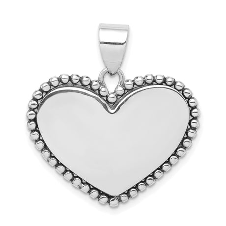 Sterling Silver Heart Pendant with Polished Center and Beaded Border, Romantic Design for Women