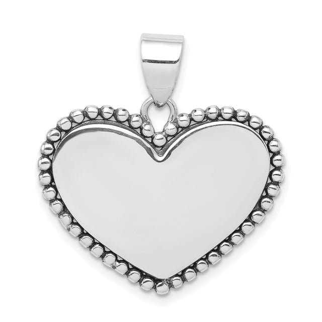 Sterling Silver Heart Pendant with Polished Center and Beaded Border, Romantic Design for Women