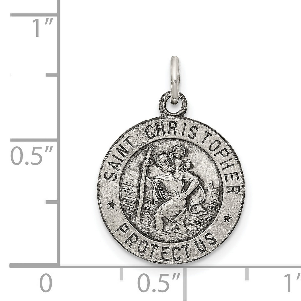 Round Saint Christopher Protect Us Words Two Star Charm Pendant in Real 925 Sterling Silver