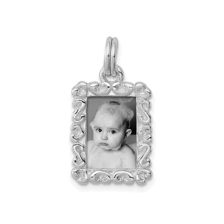 Sterling Silver Photo Pendant with Ornate Scroll Border, Vintage Memorial Locket