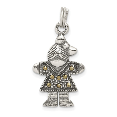Sterling Silver Girl Shaped Pendant with Marcasite Accents, Vintage Textured Design