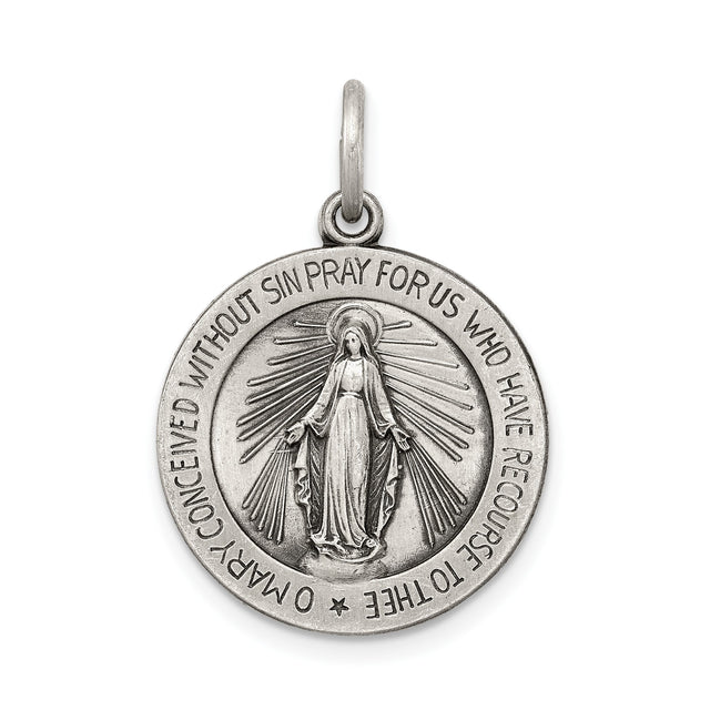 Sterling Silver Miraculous Medal Pendant with Virgin Mary and Religious Inscription for Women