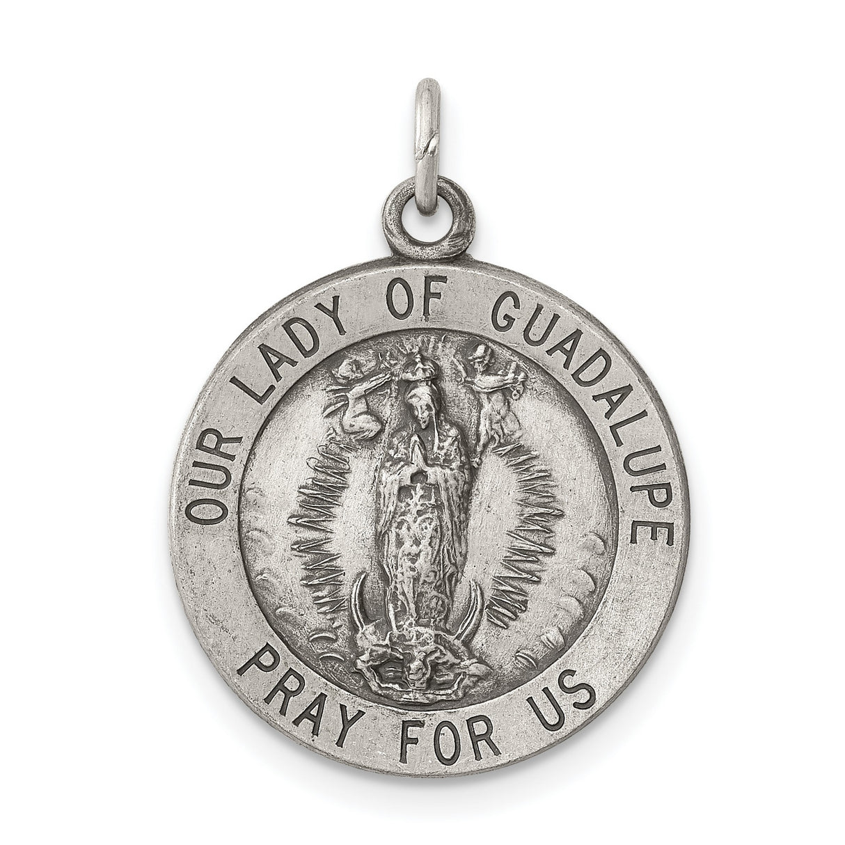 Sterling Silver Our Lady of Guadalupe Pendant, Virgin Mary Medal with Pray for Us Text