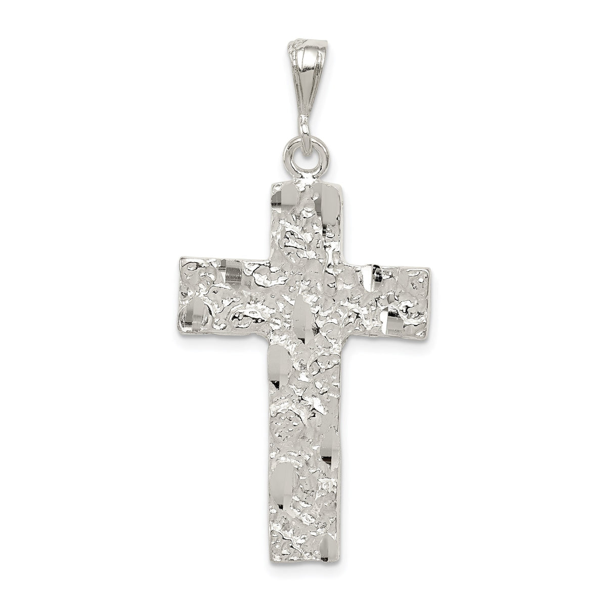 Sterling Silver Cross Pendant with Hammered Texture and Polished Nugget Design for Men and Women