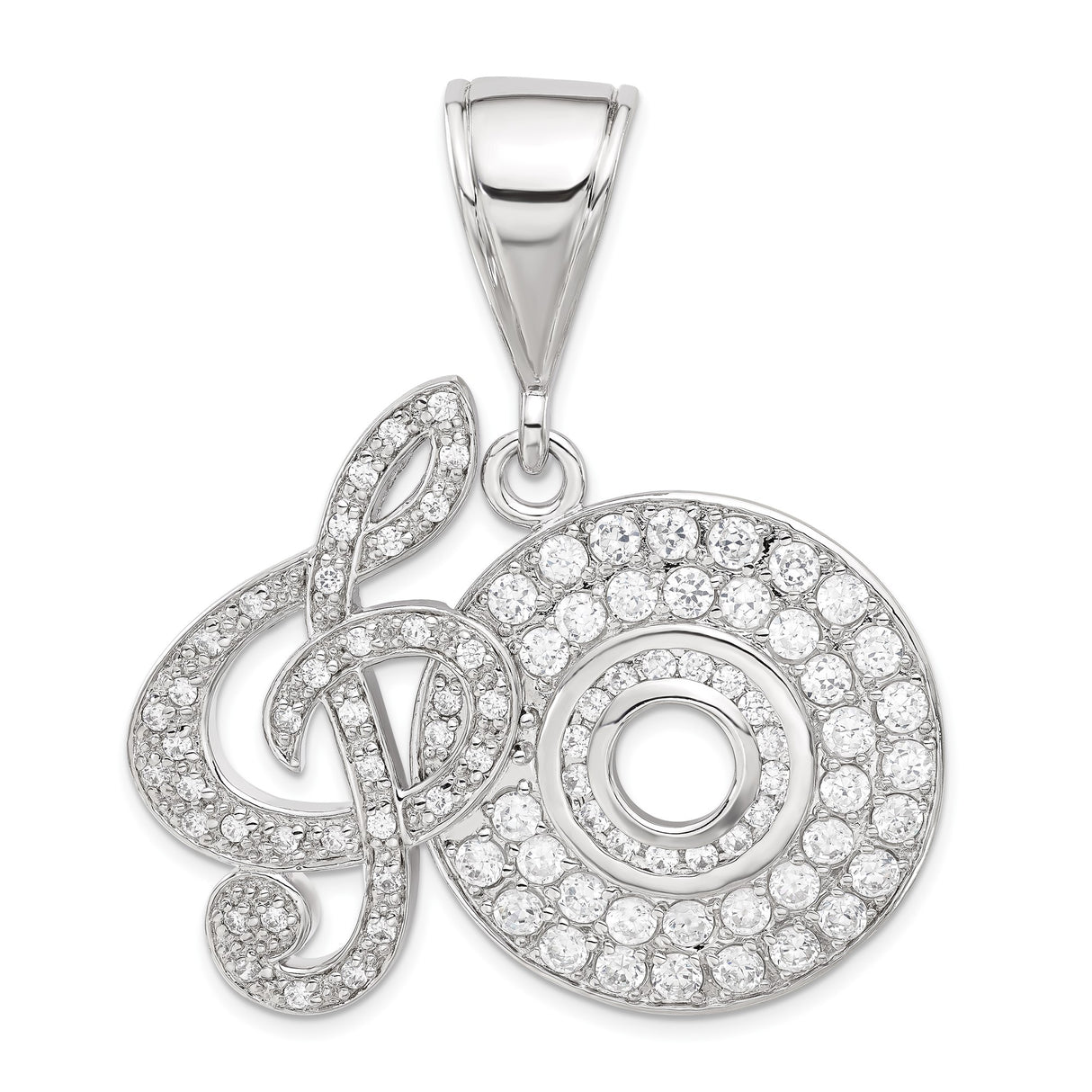 Sterling Silver Music Note Pendant with Cubic Zirconia Treble Clef and Disc Design