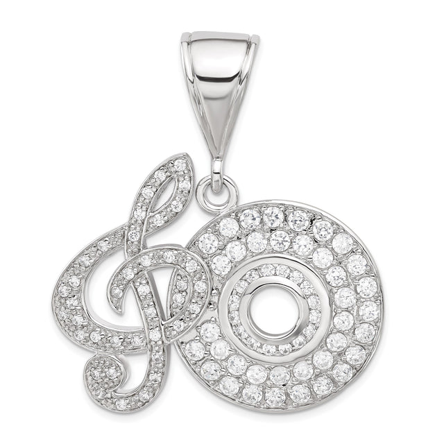 Sterling Silver Music Note Pendant with Cubic Zirconia Treble Clef and Disc Design