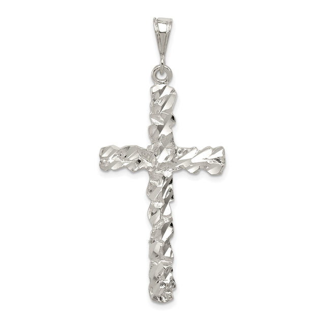 Sterling Silver Cross Pendant with Faceted Diamond Cut Finish, Textured Religious Charm for Men and Women