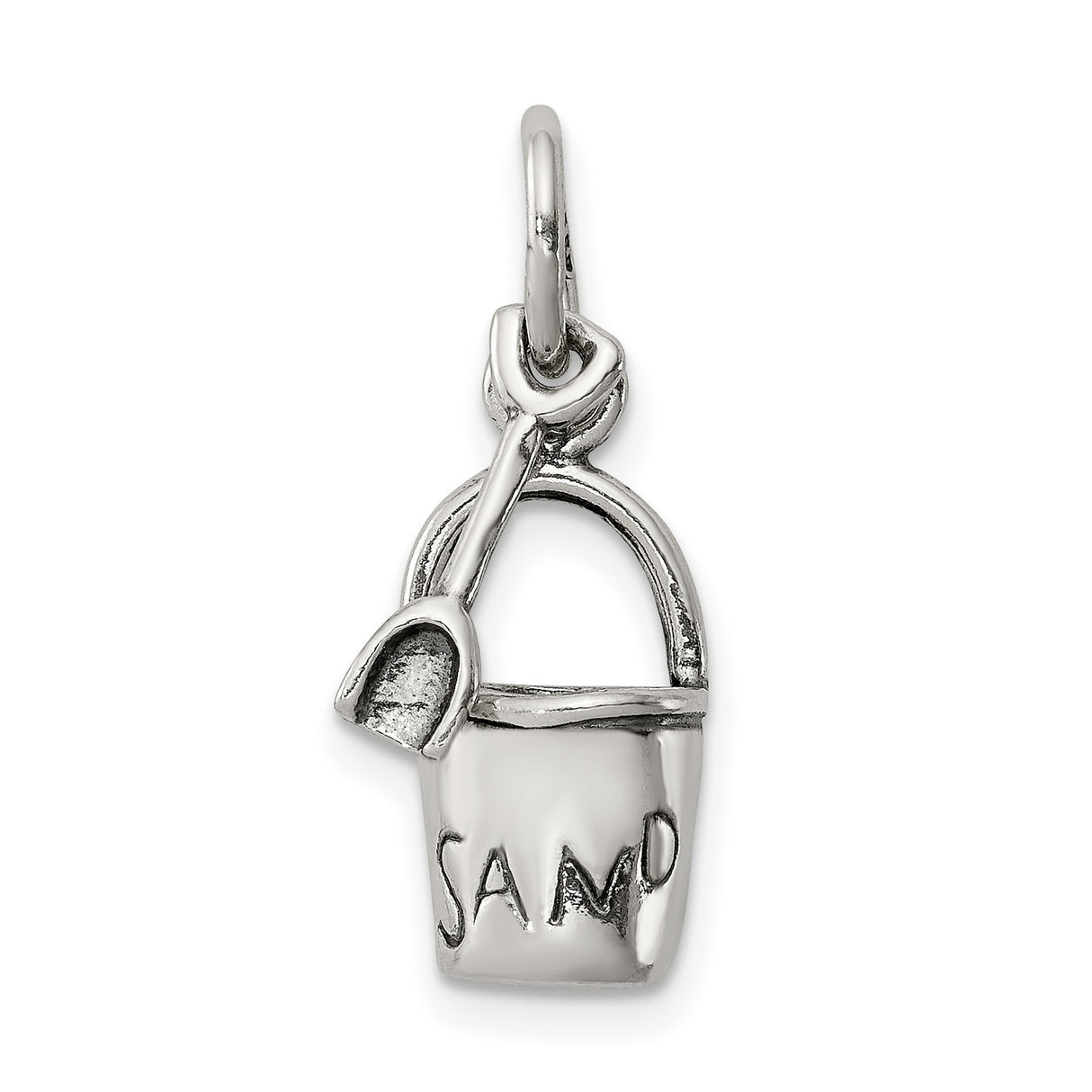 Antiqued Sand Bucket and Shovel Charm Pendant in Real 925 Sterling Silver