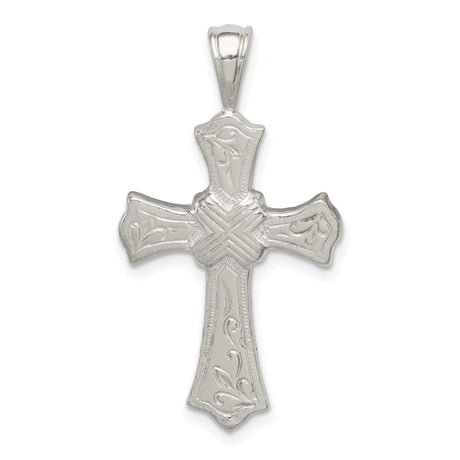 Sterling Silver Cross Pendant with Rope Texture and Floral Design, Vintage Religious Style