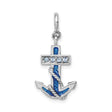Sterling Silver Anchor Pendant with Blue Enamel and Clear Crystal Accents, Nautical Rope Detail