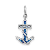 Sterling Silver Anchor Pendant with Blue Enamel and Clear Crystal Accents, Nautical Rope Detail