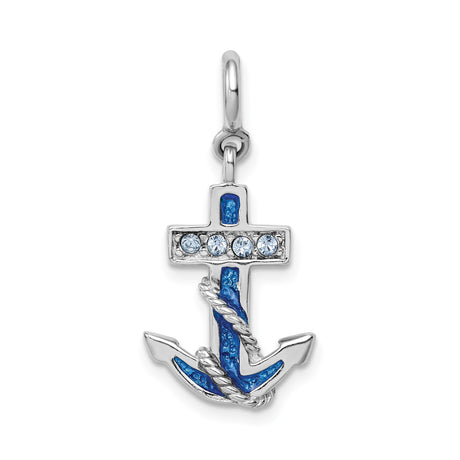 Sterling Silver Anchor Pendant with Blue Enamel and Clear Crystal Accents, Nautical Rope Detail