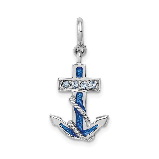 Sterling Silver Anchor Pendant with Blue Enamel and Clear Crystal Accents, Nautical Rope Detail