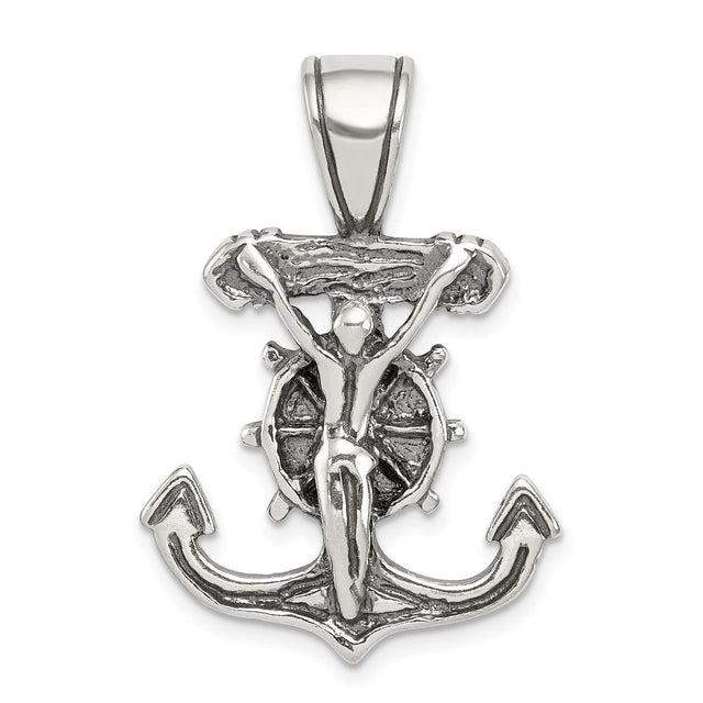Sterling Silver Crucifix Pendant with Nautical Anchor Cross Design for Men and Women