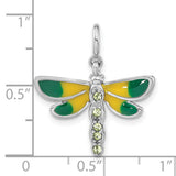 Sterling Silver Dragonfly Pendant with Cubic Zirconia, Green and Yellow Enamel Wings, Nature Theme