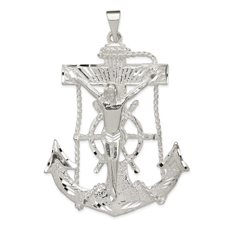 Sterling Silver Nautical Cross Pendant with Anchor, Rope, and Ship Wheel Design