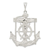 Sterling Silver Nautical Cross Pendant with Anchor, Rope, and Ship Wheel Design