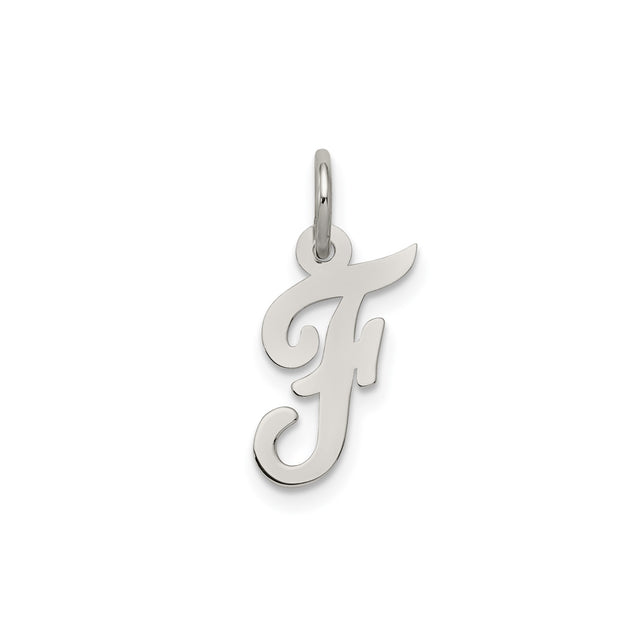 Sterling Silver Pendant, Polished Cursive Initial F Letter Charm, Unisex Alphabet Jewelry