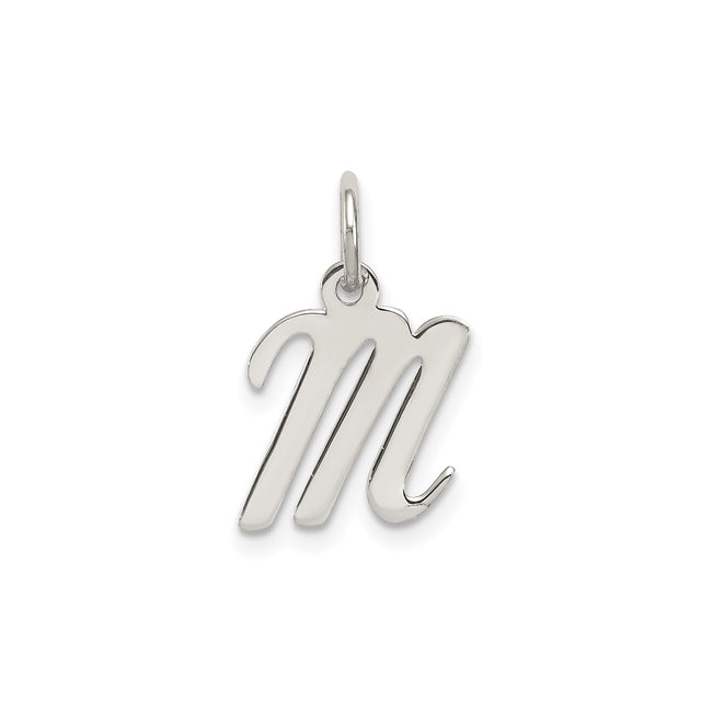 Sterling Silver Initial M Pendant, Polished Script Letter Charm, Minimalist Monogram Jewelry