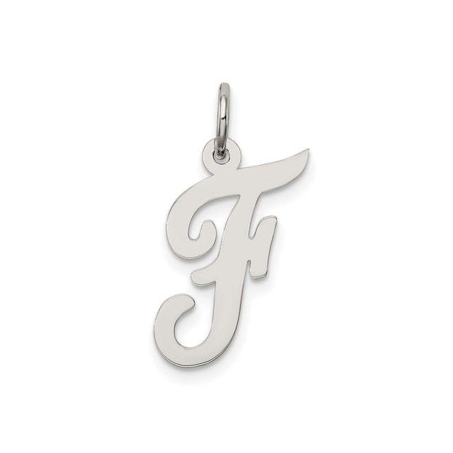 Sterling Silver Initial F Pendant Charm, Polished Script Letter Design for Women or Unisex Wear