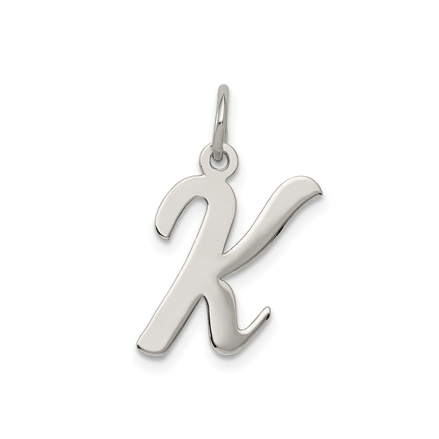Sterling Silver Letter K Pendant Charm, Polished Script Initial Design for Women or Unisex Use