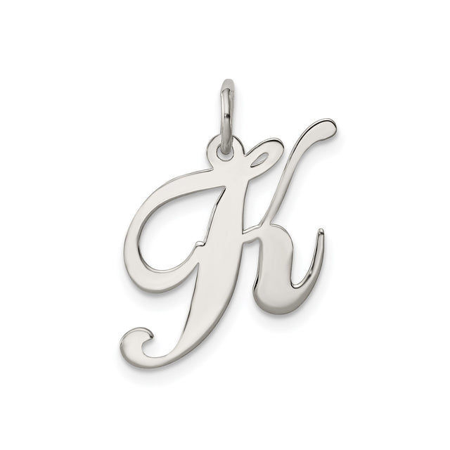 Sterling Silver Script Initial K Pendant Charm, Polished Cursive Monogram Design for Women