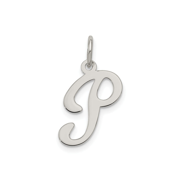 Sterling Silver Initial P Pendant, Polished Script Letter Charm for Necklace or Bracelet