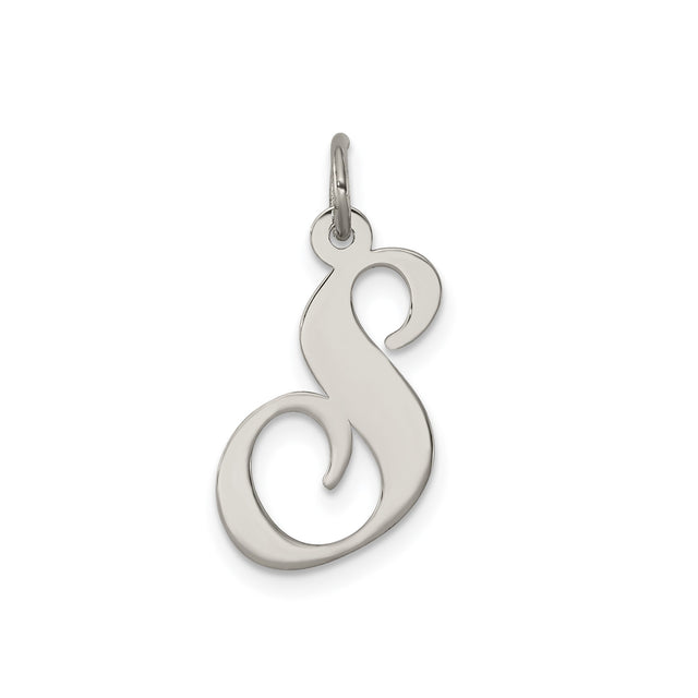 Sterling Silver Initial S Pendant, Polished Script Letter Charm for Women