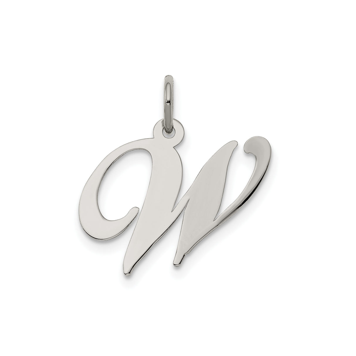 Sterling Silver W Pendant with Polished Script Initial Design, Alphabet Charm for Women or Unisex Wear