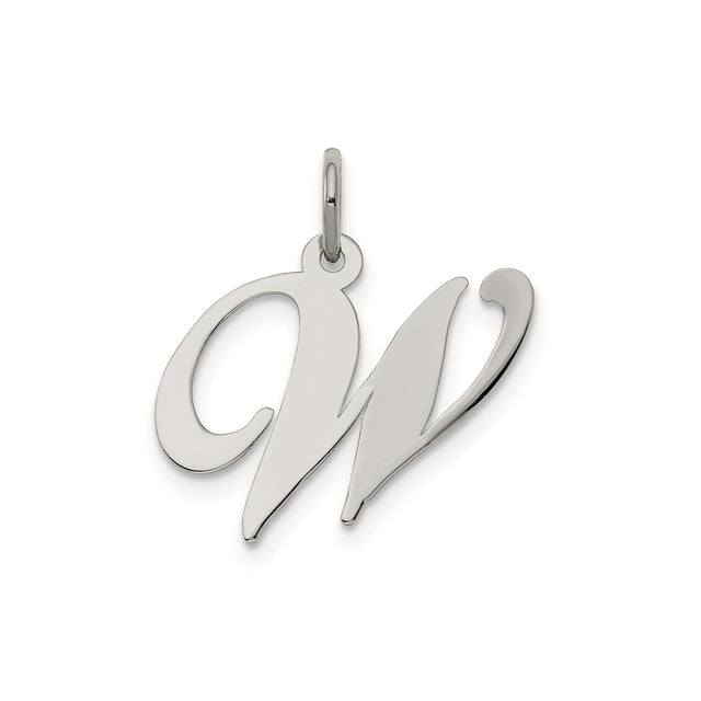 Sterling Silver W Pendant with Polished Script Initial Design, Alphabet Charm for Women or Unisex Wear