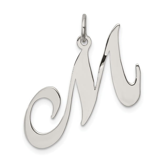 Sterling Silver Script Initial M Pendant with Polished Cursive Letter Design