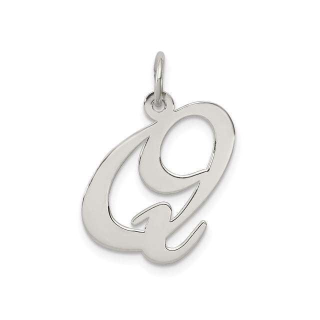 Sterling Silver Script Letter Q Pendant, Polished Initial Charm for Women or Unisex Wear