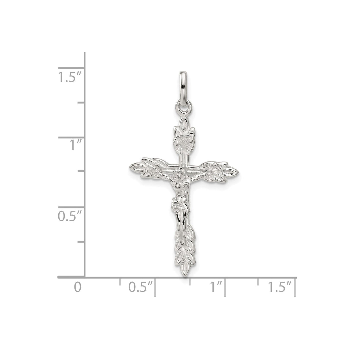 Sterling Silver Crucifix Cross Pendant with INRI Textured Detail and Leaf Motif