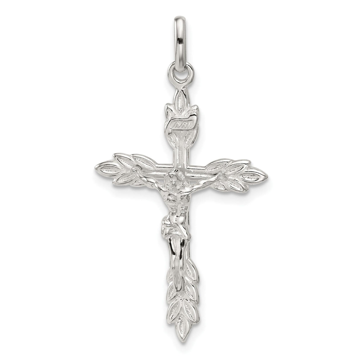 Sterling Silver Crucifix Cross Pendant with INRI Textured Detail and Leaf Motif