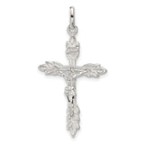 Sterling Silver Crucifix Cross Pendant with INRI Textured Detail and Leaf Motif