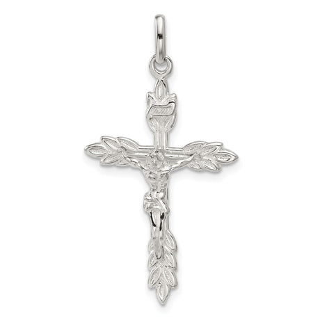 Sterling Silver Crucifix Cross Pendant with INRI Textured Detail and Leaf Motif