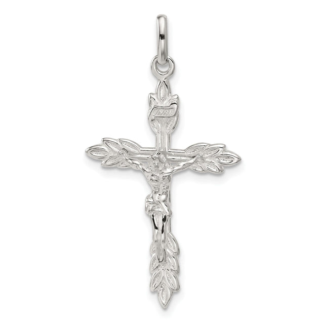 Sterling Silver Crucifix Cross Pendant with INRI Textured Detail and Leaf Motif