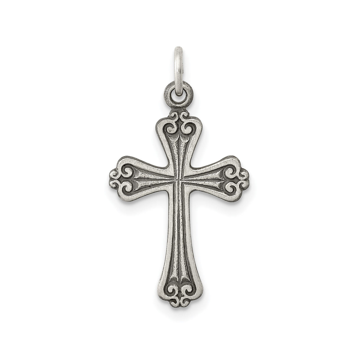 Sterling Silver Cross Pendant with Baroque Scrollwork and Matte Finish, Vintage Inspired Unisex Design