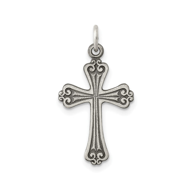 Sterling Silver Cross Pendant with Baroque Scrollwork and Matte Finish, Vintage Inspired Unisex Design