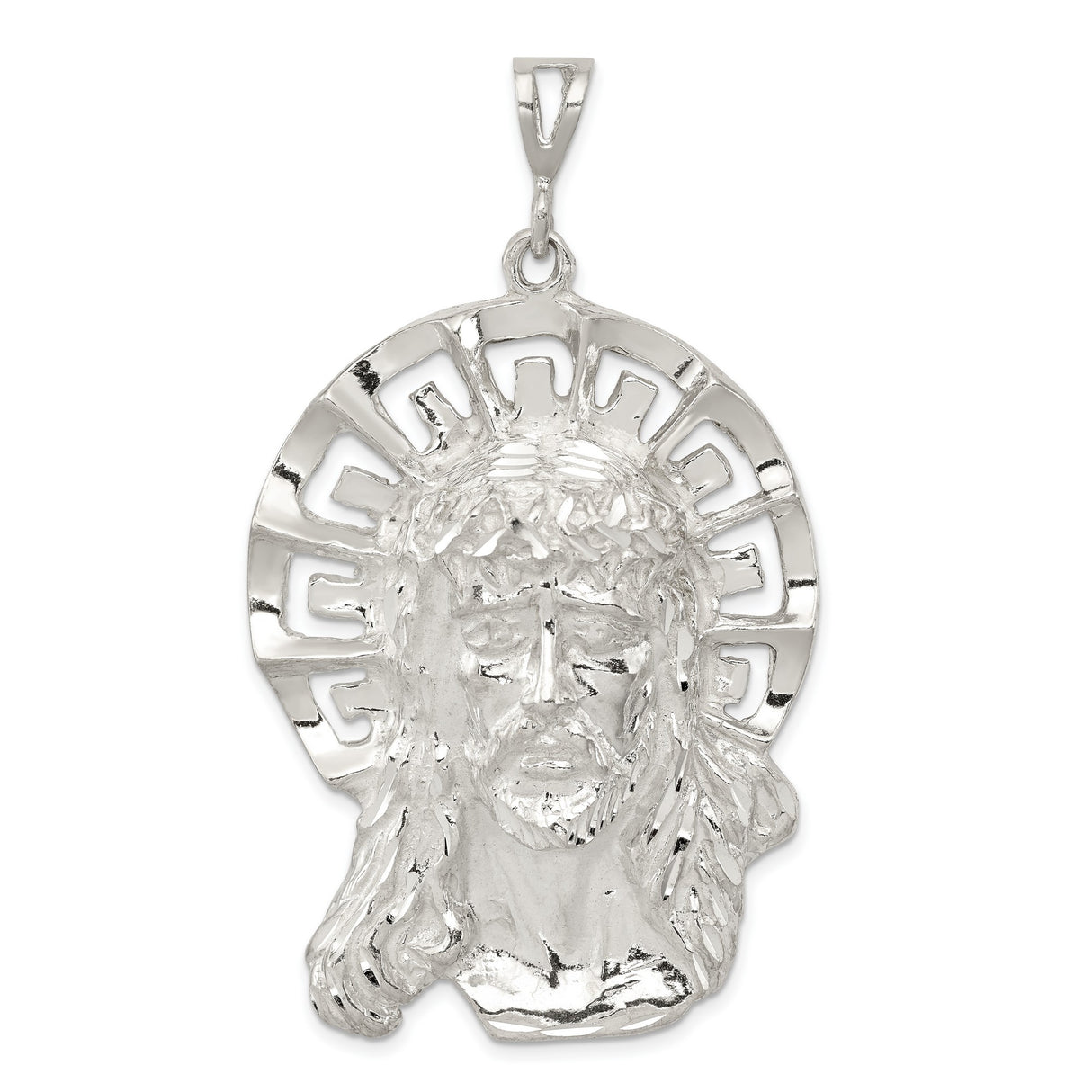 Sterling Silver Jesus Face Pendant with Crown of Thorns and Radiant Halo Design