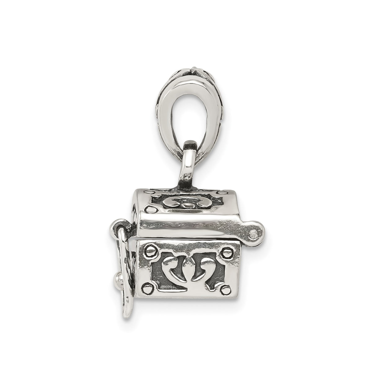 Sterling Silver Treasure Chest Pendant with Scrollwork and Latch Detail