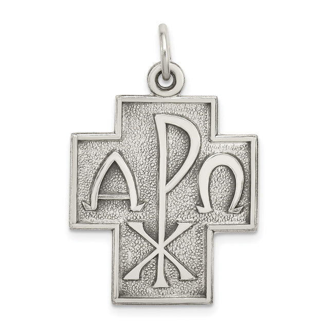 Sterling Silver Cross Pendant with Alpha Omega Design, Antique Religious Style