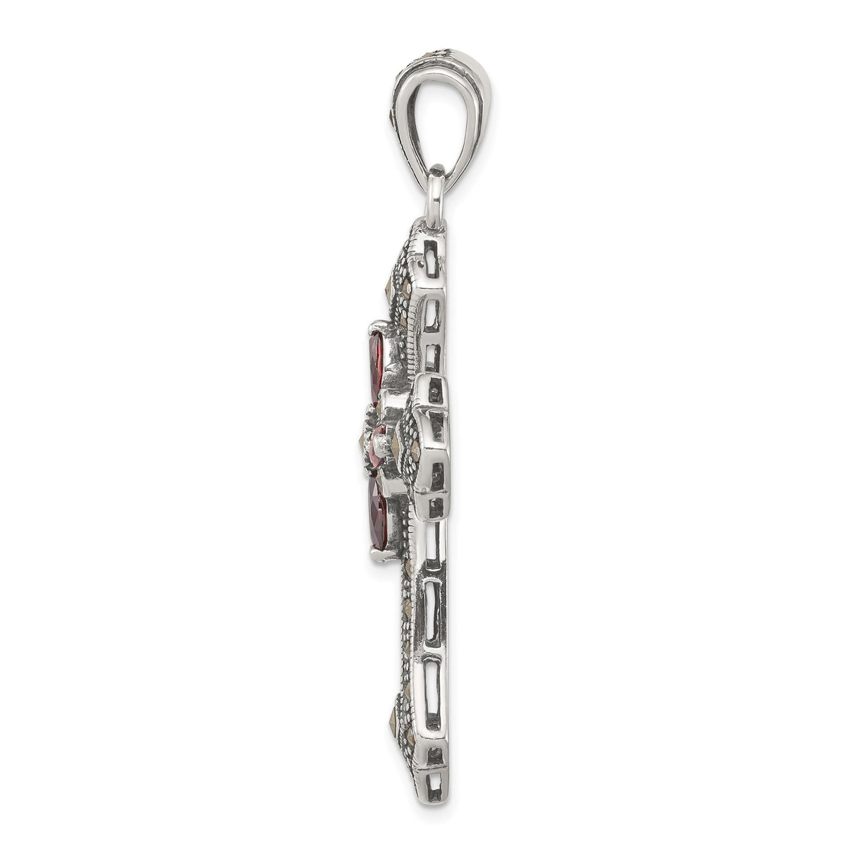 Red CZ and Marcasite Cross Charm Pendant in Real 925 Sterling Silver