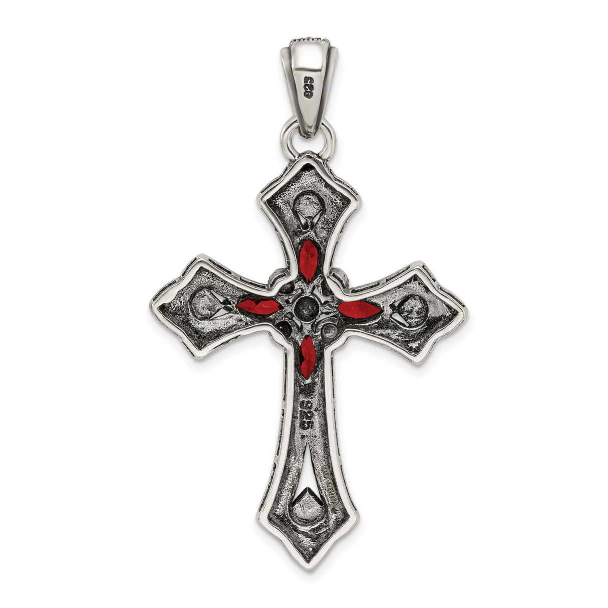 Red CZ and Marcasite Cross Charm Pendant in Real 925 Sterling Silver