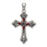 Red CZ and Marcasite Cross Charm Pendant in Real 925 Sterling Silver