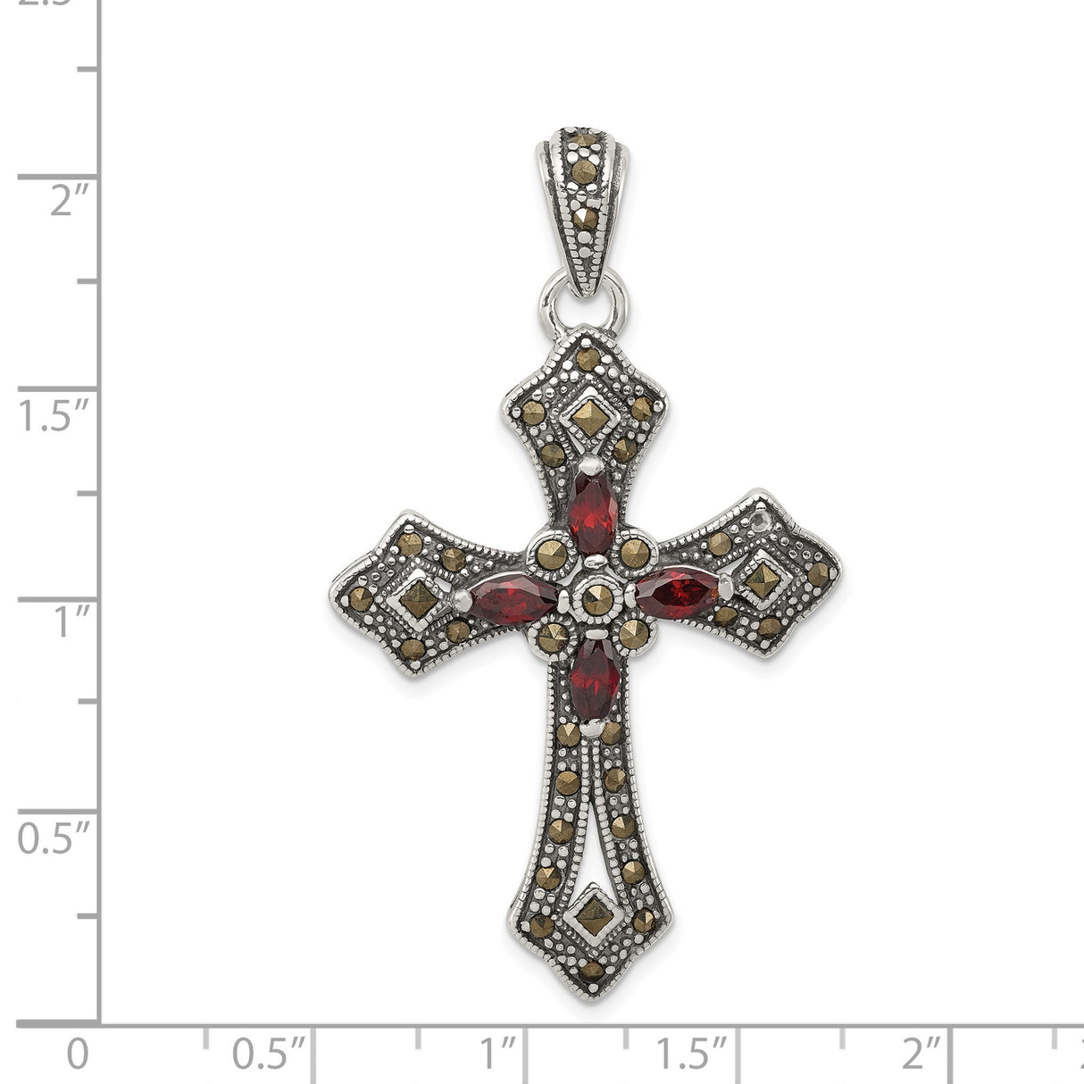 Red CZ and Marcasite Cross Charm Pendant in Real 925 Sterling Silver